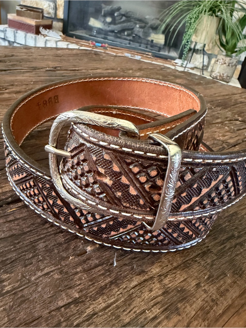 Double J Saddlery Brown Hand Tooled Leather Unisex Belt with Silver Buckle 34”